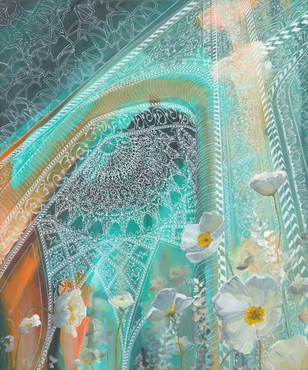 Teal Islamic Architecture with White Flowers Art Print
