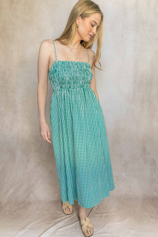 Gingham Print Smocked Bodice Dress