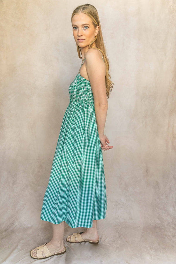 Gingham Print Smocked Bodice Dress