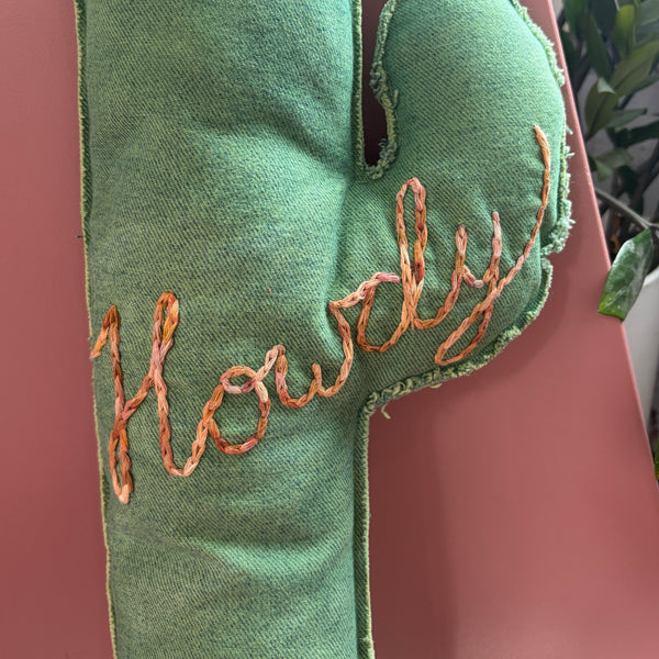 Hand Dyed and Embroidered Denim Cactus Pillow