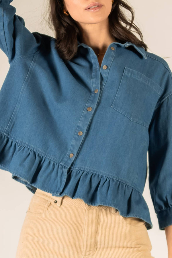 3/4 Sleeve Ruffle Button Up Shirt